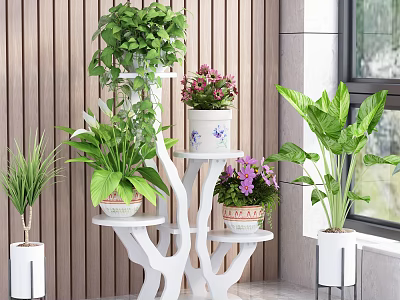 Indoor Bonsai Potted Plants On Multi Tiered White Plant Stand With Flowers And Greenery 3d model