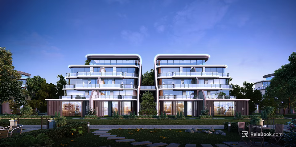 Modern Two Connected Multi Storey Residential Building With Large Balconies Glass Curtain Walls Green Surroundings 3d model 