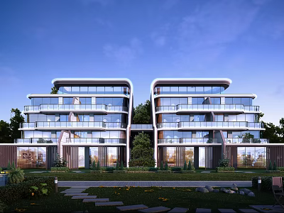 Modern Two Connected Multi Storey Residential Building With Large Balconies Glass Curtain Walls Green Surroundings 3d model