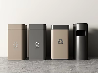 Indoor Waste Sorting Trash Bins With Brown Black Beige And Recycling Symbols 3d model