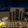 Modern Commercial Venue Under Starry Night With Outdoor Performance Stage And Tidy Comfortable Dining Areas