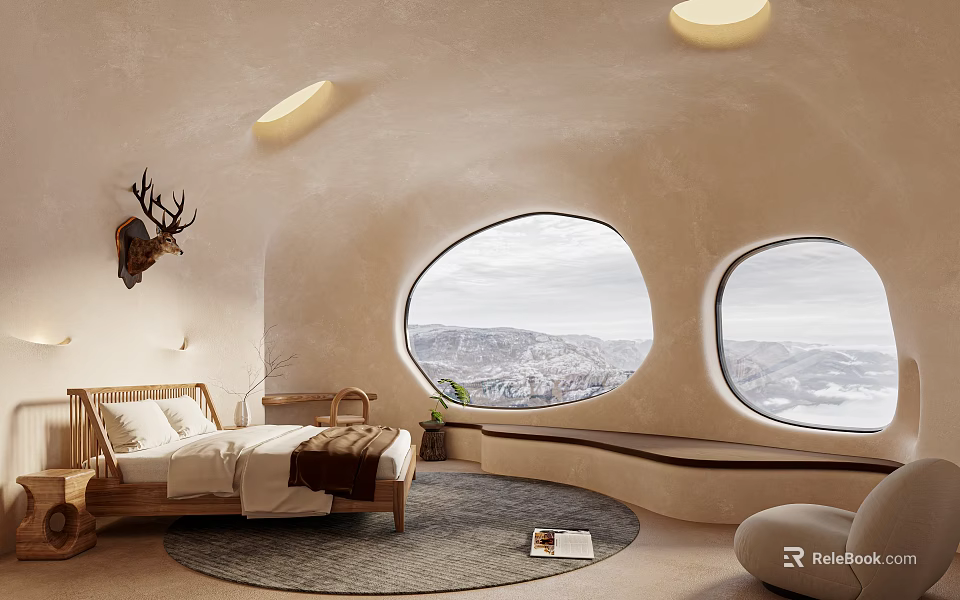 Organic Curved Bedroom Interior With Round Windows Wooden Bed Deer Head Decor Round Ceiling Lights And Scenic View 3d model 