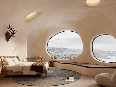 Organic Curved Bedroom Interior With Round Windows Wooden Bed Deer Head Decor Round Ceiling Lights And Scenic View 3d model
