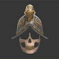 Ornate Detailed Decorative Helmet Featuring Golden Bull Head On Human Skull
