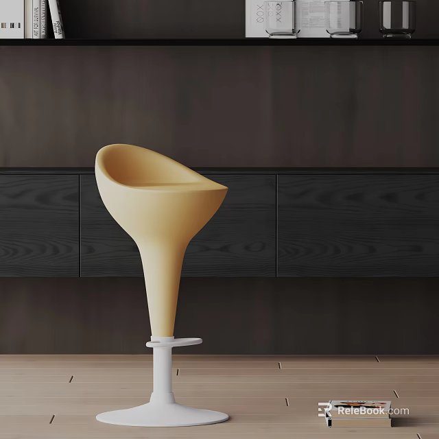Yellow Bar Stool With Modern Minimalist Design In Room With Dark Wooden Cabinets 3d model 