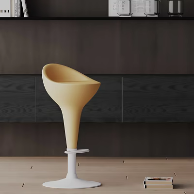 Yellow Bar Stool With Modern Minimalist Design In Room With Dark Wooden Cabinets 3d model