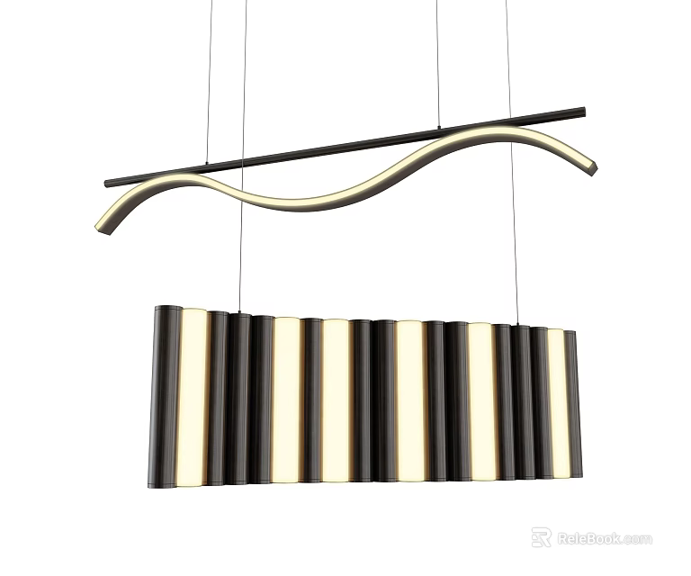 Modern Curved Chandelier With Black And White Striped Shade And Metal Structure 3d model 