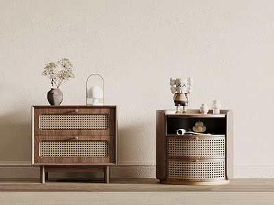 Modern Interior Bedside Tables With Woven Drawers Open Shelf And Decorative Vase 3d model