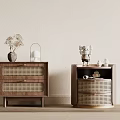 Modern Interior Bedside Tables With Woven Drawers Open Shelf And Decorative Vase
