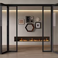 Black Glass Folding Doors Open In Modern Interior With Decorative Paintings Fireplace And Flames