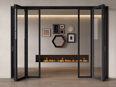 Black Glass Folding Doors Open In Modern Interior With Decorative Paintings Fireplace And Flames 3d model
