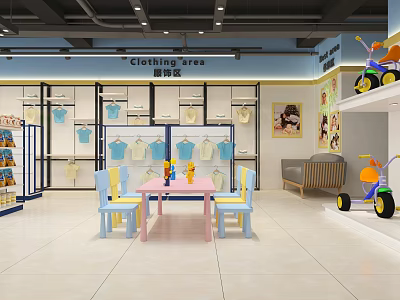 Kids Clothing Store Interior with Colorful Display Racks and Play Area 3d model