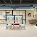 Kids Clothing Store Interior with Colorful Display Racks and Play Area