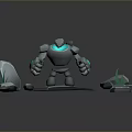 Robot Character Standing On Stone Platform With Green Grass And Rocks 3d model