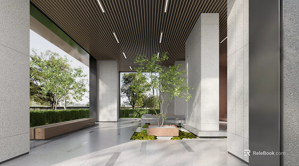 Modern Architectural Entrance Courtyard With Columns Greenery Tree Bench And Slatted Ceiling 3d model