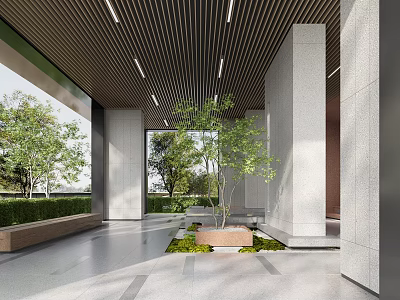 Modern Architectural Entrance Courtyard With Columns Greenery Tree Bench And Slatted Ceiling 3d model
