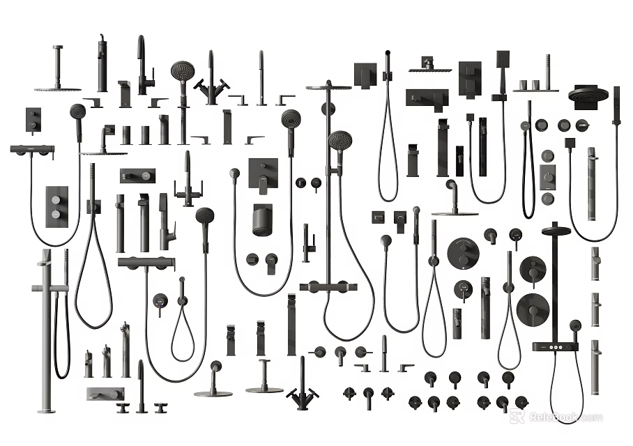 Various Shower Head Styles with Handheld Fixed Components and Multiple Bathroom Accessories 3d model 