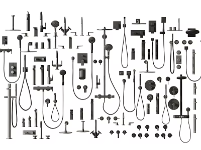 Various Shower Head Styles with Handheld Fixed Components and Multiple Bathroom Accessories 3d model