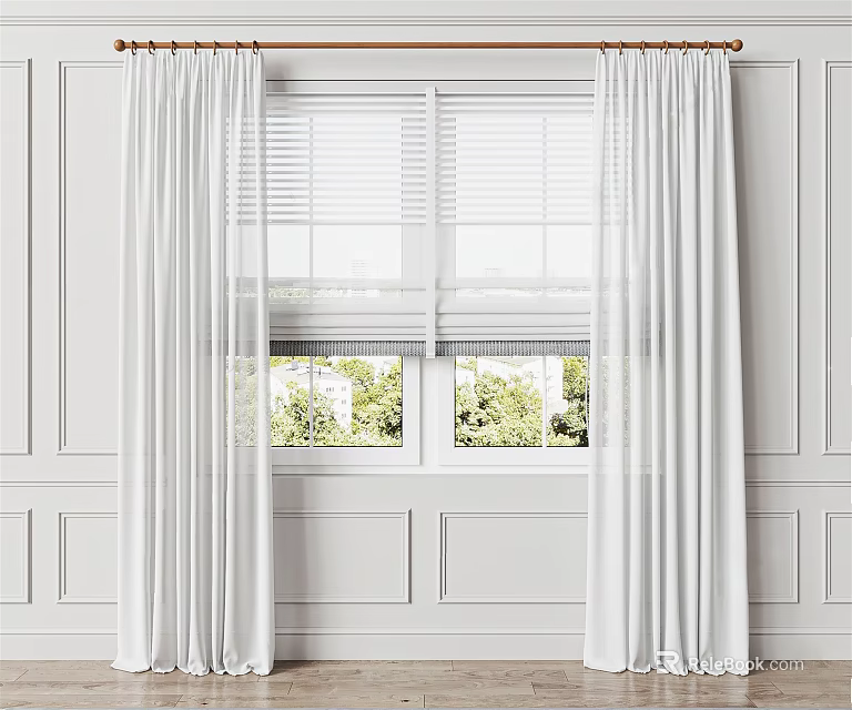 White Curtains With Window Blinds In Bright Room Interior And Greenery View 3d model 