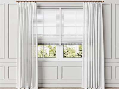 White Curtains With Window Blinds In Bright Room Interior And Greenery View 3d model