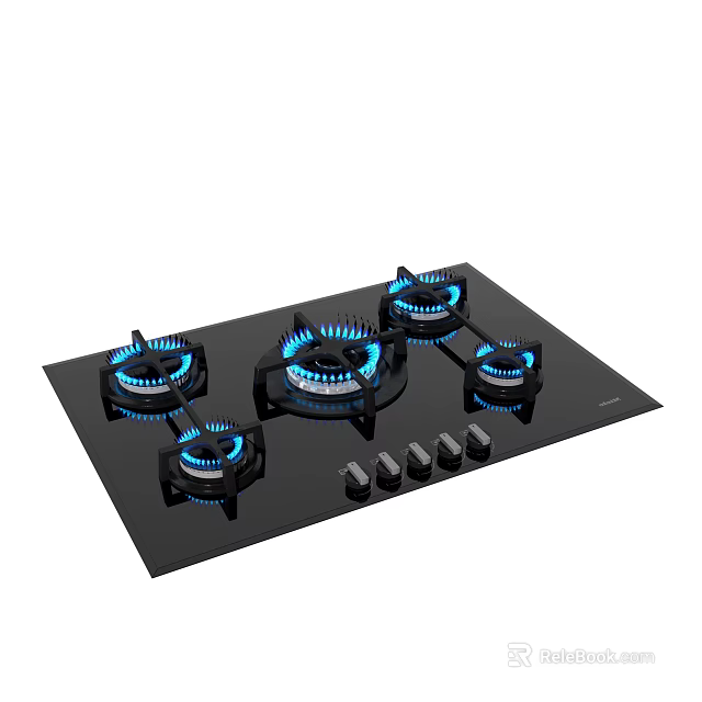 Black Gas Cooktop With Four Burners Blue Flames And Control Knobs 3d model 