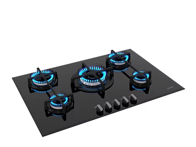 Black Gas Cooktop With Four Burners Blue Flames And Control Knobs 3d model