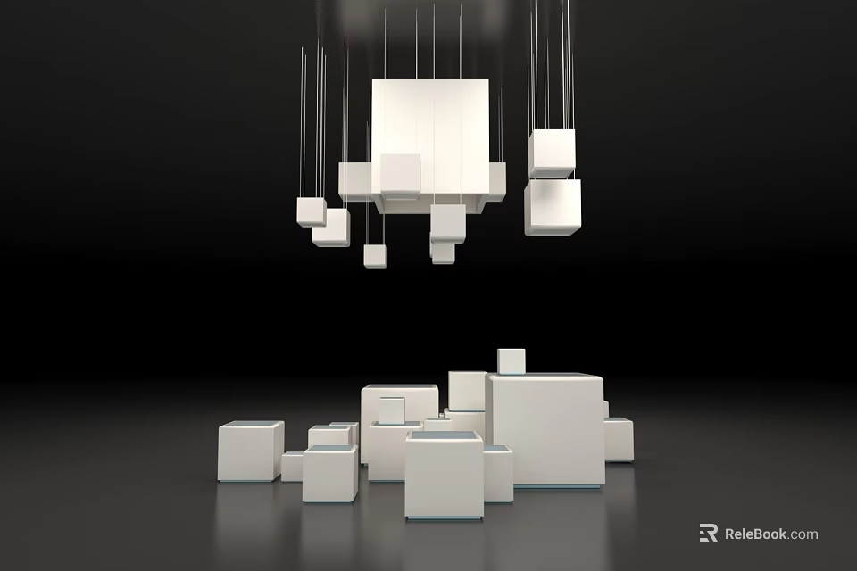 Art Installation Featuring Hanging And Floor Placed White Cubes On Black Background With Reflective Surface 3d model