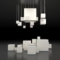 Art Installation Featuring Hanging And Floor Placed White Cubes On Black Background With Reflective Surface 3d model