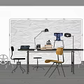 Desk With Gray Yellow Chairs Table Lamps Stacks Of Books And Typewriter On White Background