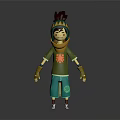 3D Cartoon Character With Green Outfit Orange Leaf Pattern Yellow Gloves Purple Yellow Hat