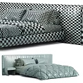 Elegant Modern Bed With Gray White Bedding Upholstered Headboard And Soft Pillows 3d model