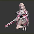 Game Character With Pink Long Hair Holding Pink White Long Gun Kneeling On One Knee
