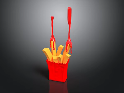 Crispy Yellow French Fries In Red Container With Dripping Red Sauce 3d model