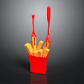 Crispy Yellow French Fries In Red Container With Dripping Red Sauce