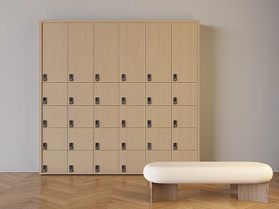Light Wooden Storage Cabinet With Locked Doors And Bench On Herringbone Floor 3d model