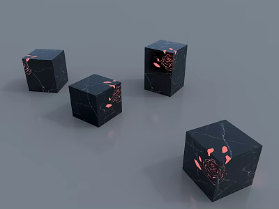 Black Marble Cubes With Pink Rose Patterns On Gray Background Display Decorative Design 3d model