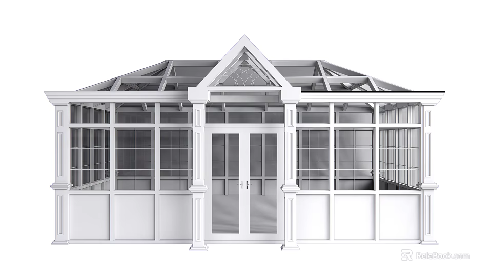 Bright White Sunroom Exterior Design With Glass Windows And Gabled Roof Structure 3d model 