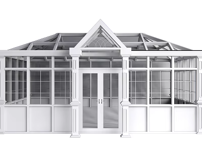 Bright White Sunroom Exterior Design With Glass Windows And Gabled Roof Structure 3d model