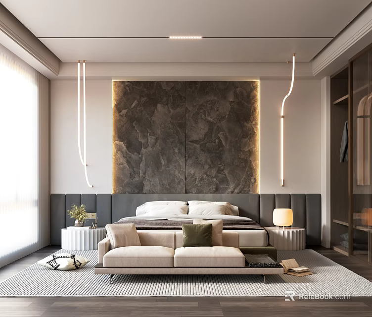Elegant Modern Bedroom Interior With Marble Accent Wall Bed Sofa And Soft Lighting 3d model 