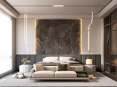 Elegant Modern Bedroom Interior With Marble Accent Wall Bed Sofa And Soft Lighting 3d model