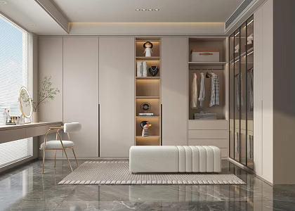 Modern Cream Style Cloakroom Cream Cloakroom Wardrobe Dressing Table and Chair Carpet Green Plant Shoe Changing Stool Tote 3d model