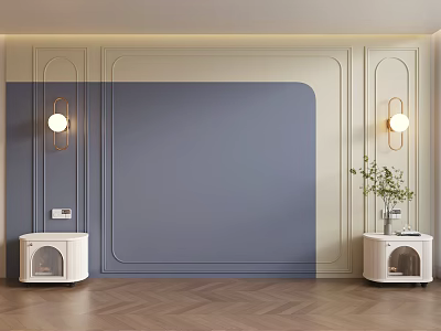 Modern Accent Wall Featuring Light Beige Blue Decorative Moldings Wall Sconces Cat Houses Green Plant 3d model