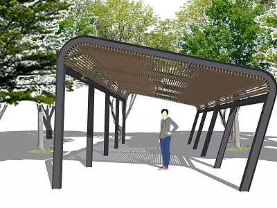 Modern Pergola Structure With Wooden Slatted Roof And Black Metal Supports In Garden 3d model