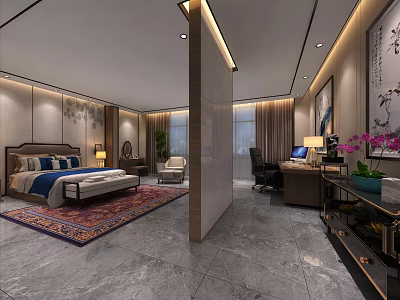 Modern Elegant Hotel Guest Room With Comfortable Bed Area Rug Work Desk And Decorative Art 3d model