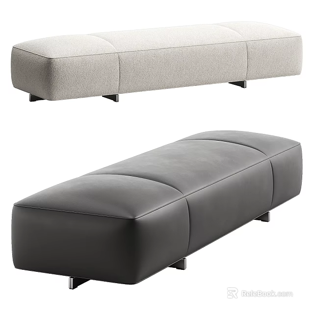 Light Gray Fabric and Dark Gray Leather Modern Ottoman Bench with Metal Legs 3d model 