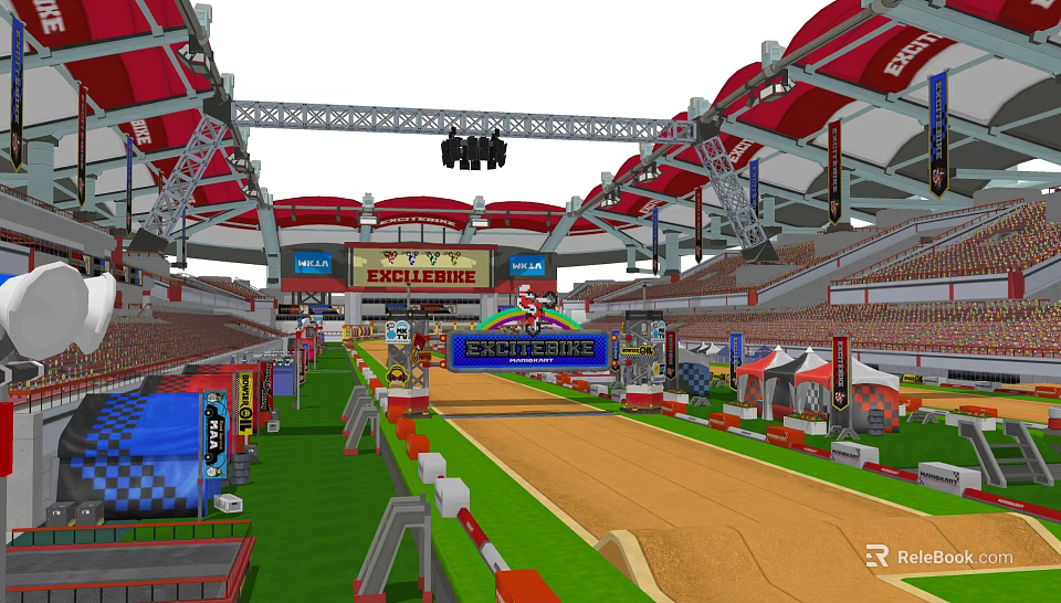 Motorsport Stadium Racing Track With Spectator Stands Race Cars And Advertising Billboards 3d model 