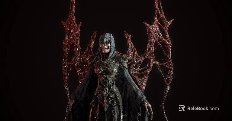 Detailed Dark Gothic Sculpture Featuring Skull Head Black Robe Metal Chains and Wing like Structures 3d model 