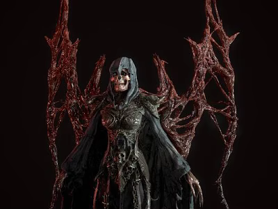 Detailed Dark Gothic Sculpture Featuring Skull Head Black Robe Metal Chains and Wing like Structures 3d model