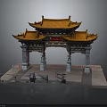 Traditional Chinese Ornamental Architectural Archway With Yellow Multi Eave Roof And Stone Pillars