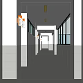 School Corridor With White Walls Gray Floor Tiles Doors Windows And Orange Fire Equipment